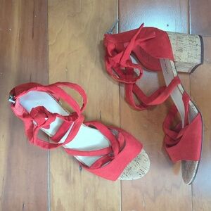 Bright red with cork soles Nine West heeled sandals